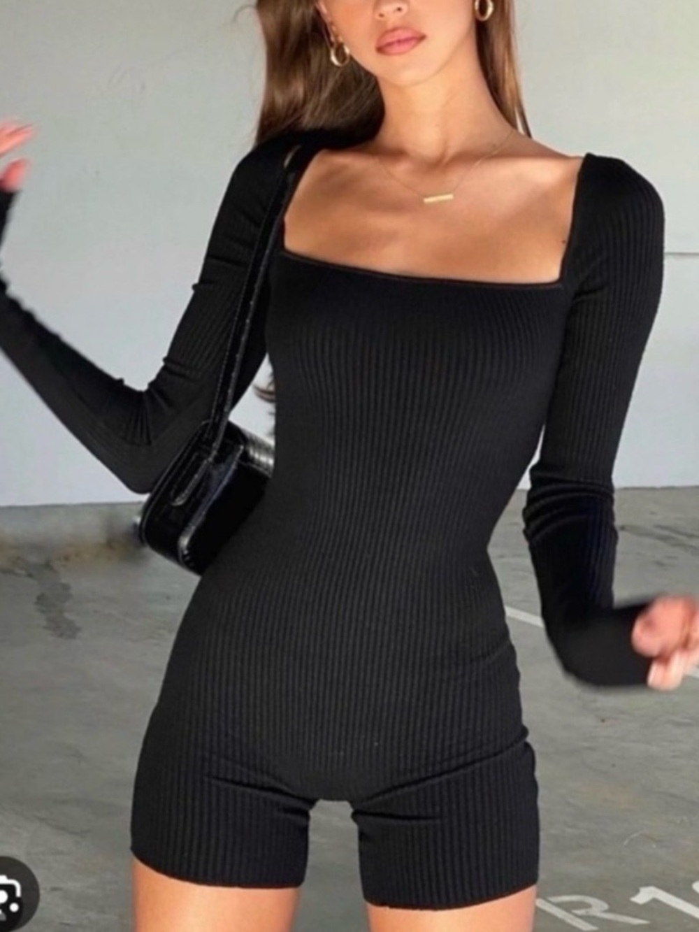 Ribbed Square-Neck Long Sleeve Romper in Black